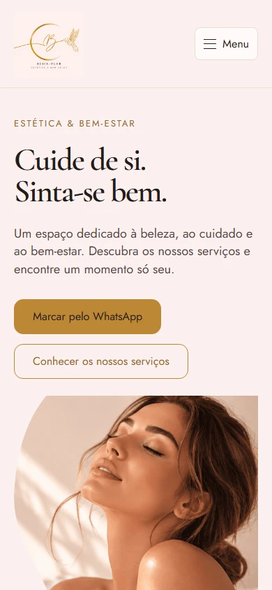 Smartphone-Startseite von Beija-Flor mit mobiler Navigation, portugiesischen Texten und WhatsApp-Link