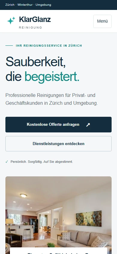 Smartphone-Startseite der KlarGlanz-Demo mit mobiler Navigation und Anfrage-Buttons
